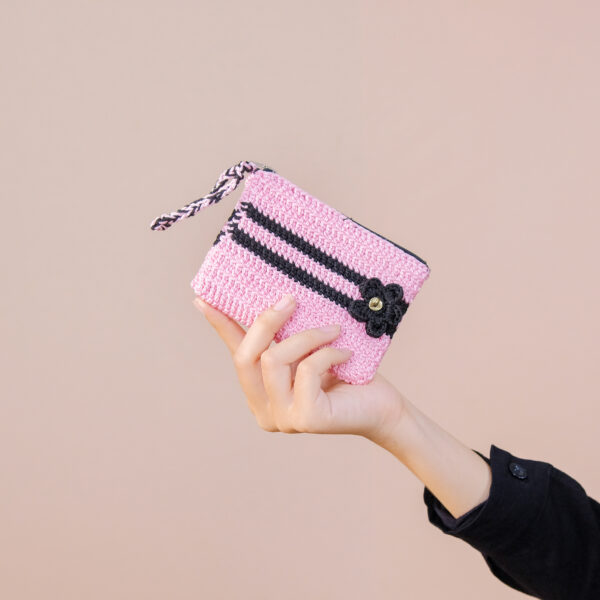 Handmade Pink & Black Crochet Wallet with Flower Accent - Image 2